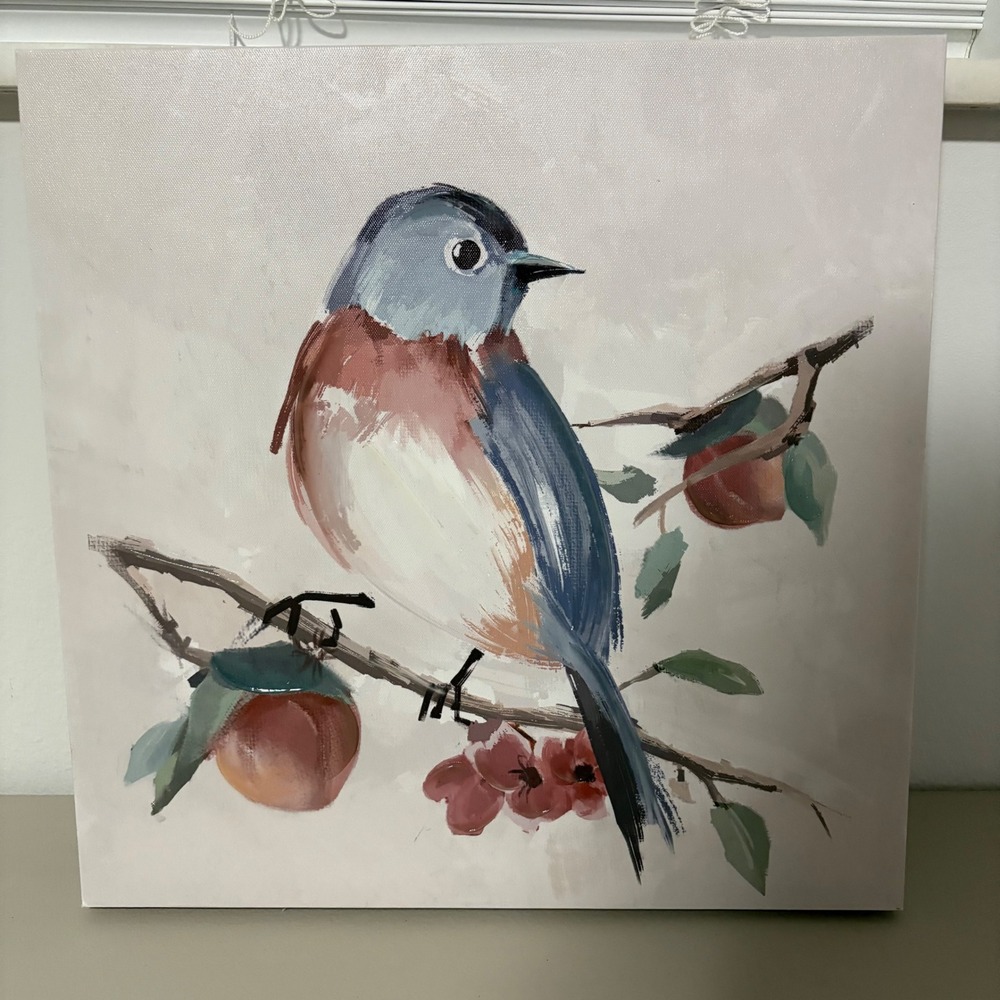 Square Canvas Wall Art Blue Bird Perched‎ On Branch With Apples and Flowers